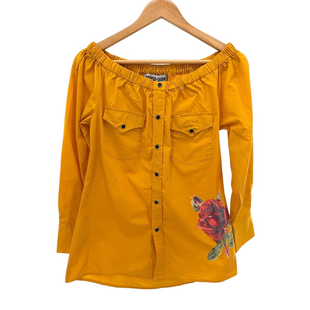 Rodeo Quincy Womens Mustard Yellow Rose Off‎ The Shoulder Western Snap Blouse S